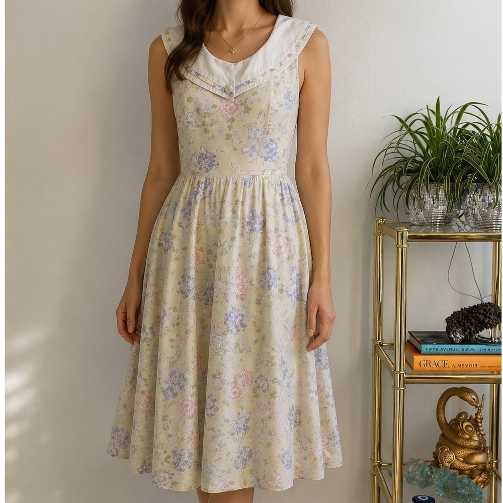 Vintage 80s Laura Ashley Floral Cotton Sailor Collar Dress Size 12 Great Britain